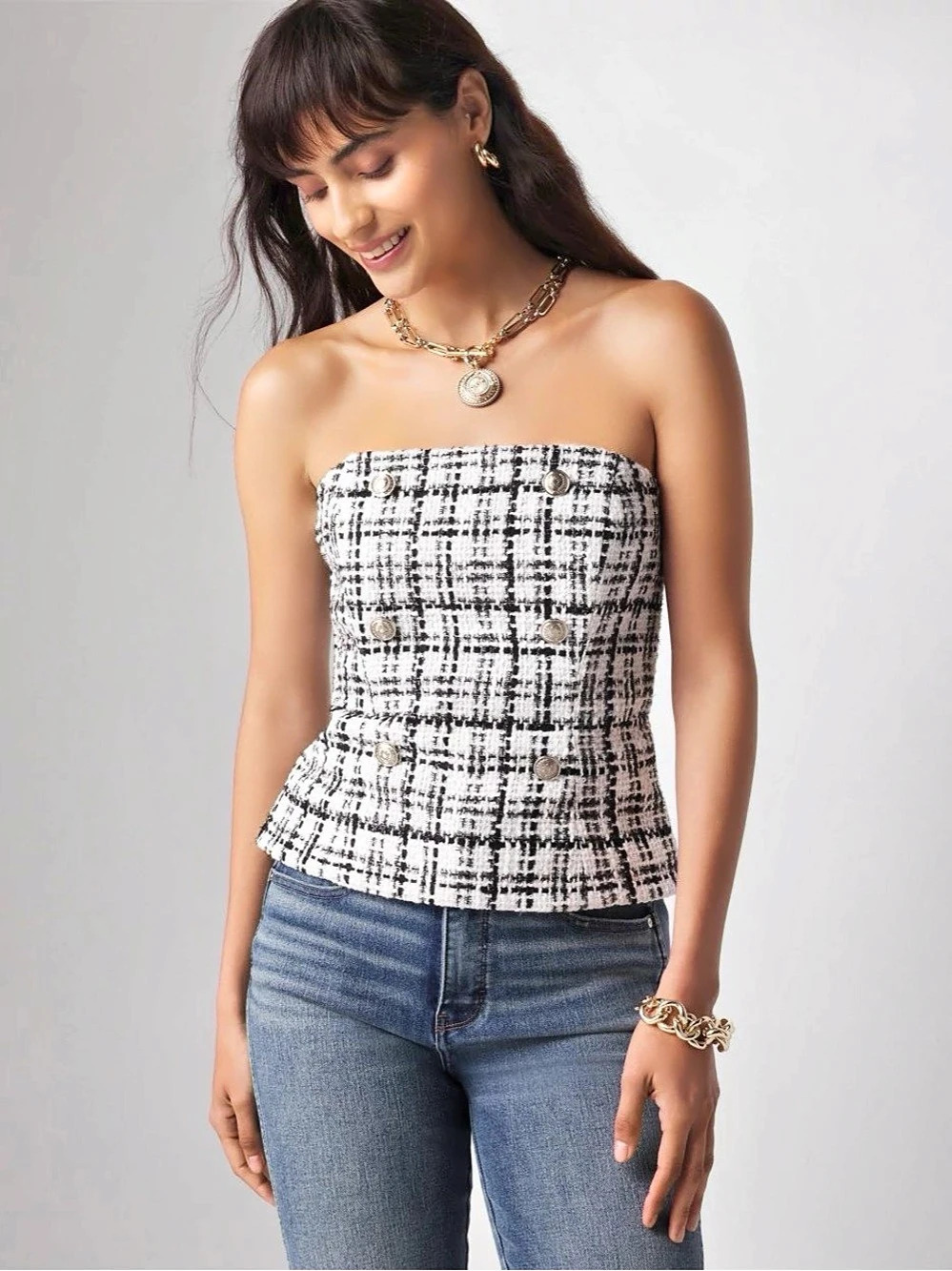 White House Black Market Plaid Cami White & Black Size 4 Like New